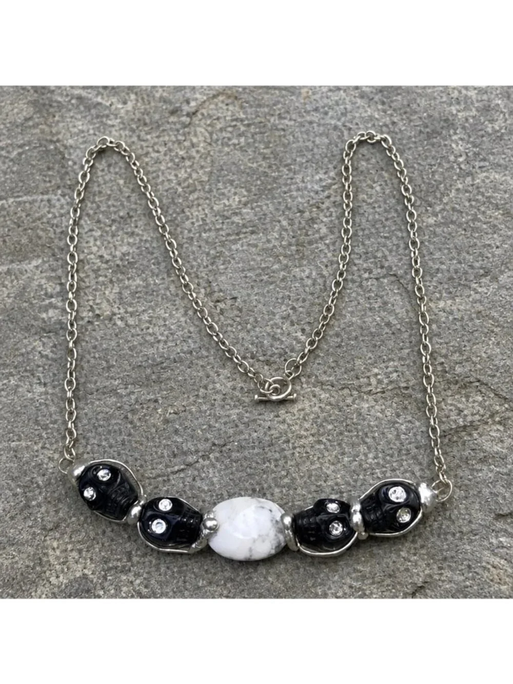 Black Onyx Skull & White Marble Bohemian Necklace Swarovski Crystals Hand Solder